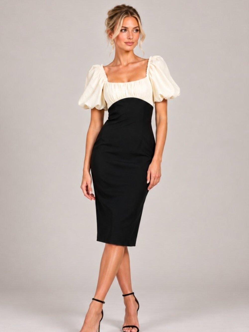 Coast Puff Sleeve Contrast Bodice Black Ivory Midi Dress UK 8 US 4